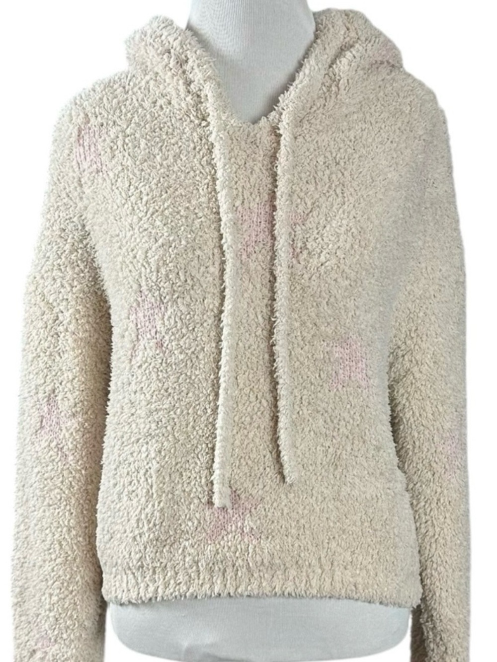 Kittenish Sherpa Crop Hoodie in Cream Pink Star Size Small Neutral Fall Boxy